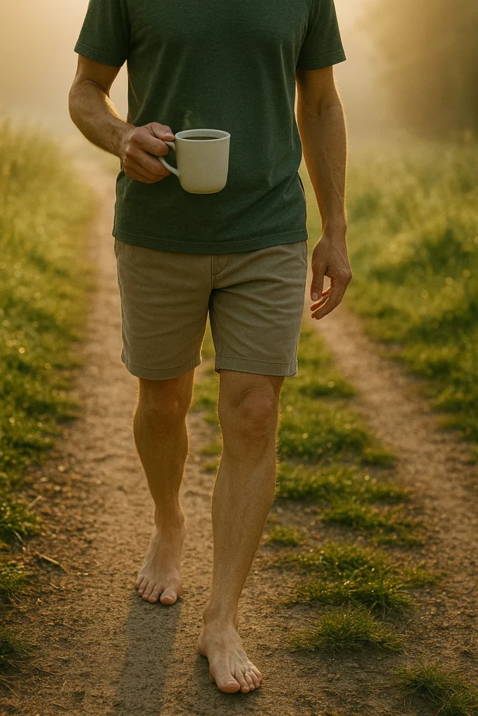 Person walking barefoot in early morning light, holding a mug of coffee in hand post-walk, cinematic natural light