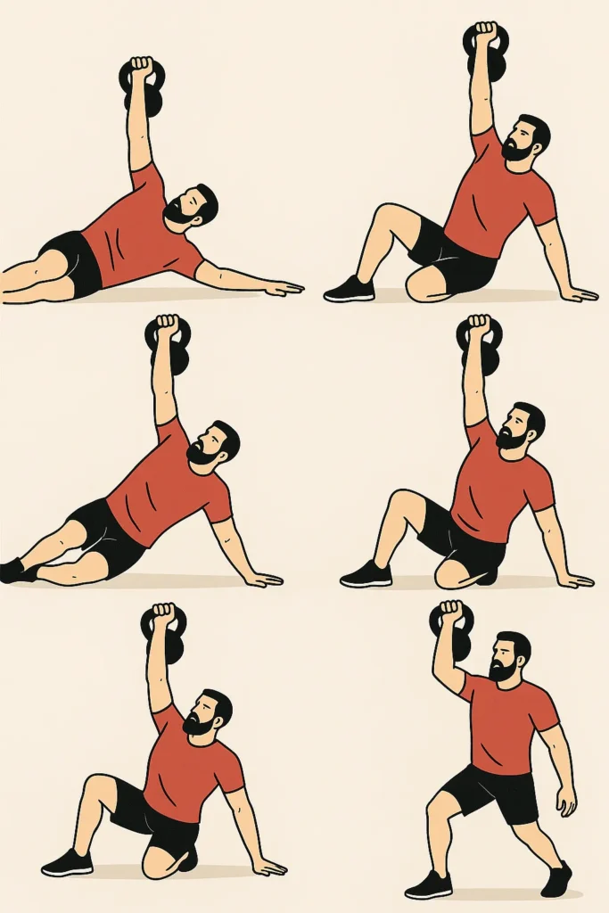 Sequence collage showing phases of the Turkish get-up from floor to standing