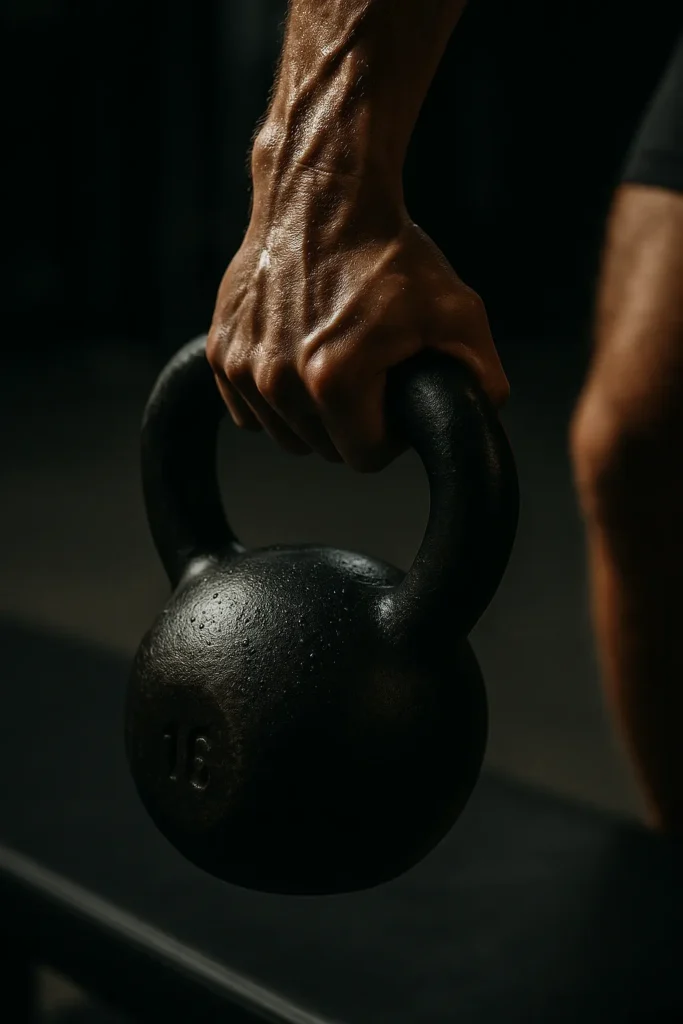 Close-up of hand holding kettlebell mid-movement, sweat visible, muscles engaged
