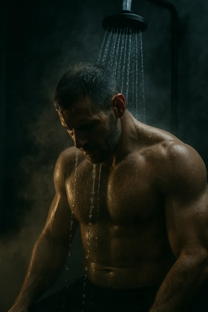 Athlete under a cold shower, head tilted down, steam rising from body in cold light