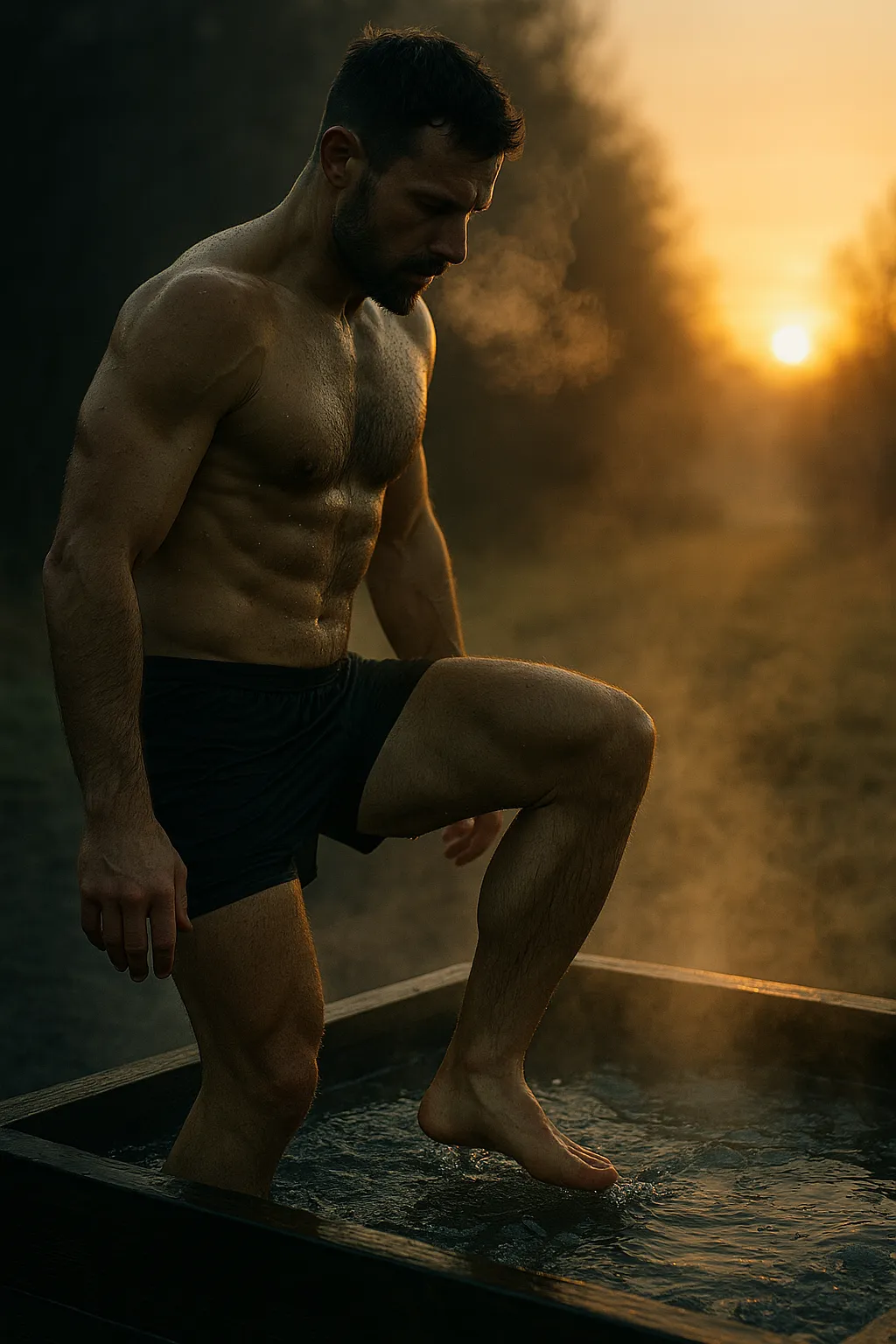 Person stepping into an outdoor ice bath at sunrise, breath visible in cold air, surrounded by mist and natural light, cinematic contrast