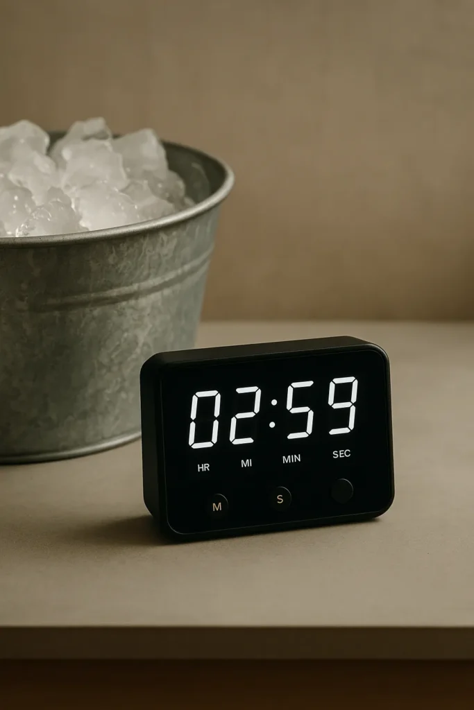 Timer beside a tub of ice water, showing elapsed time, minimalist background