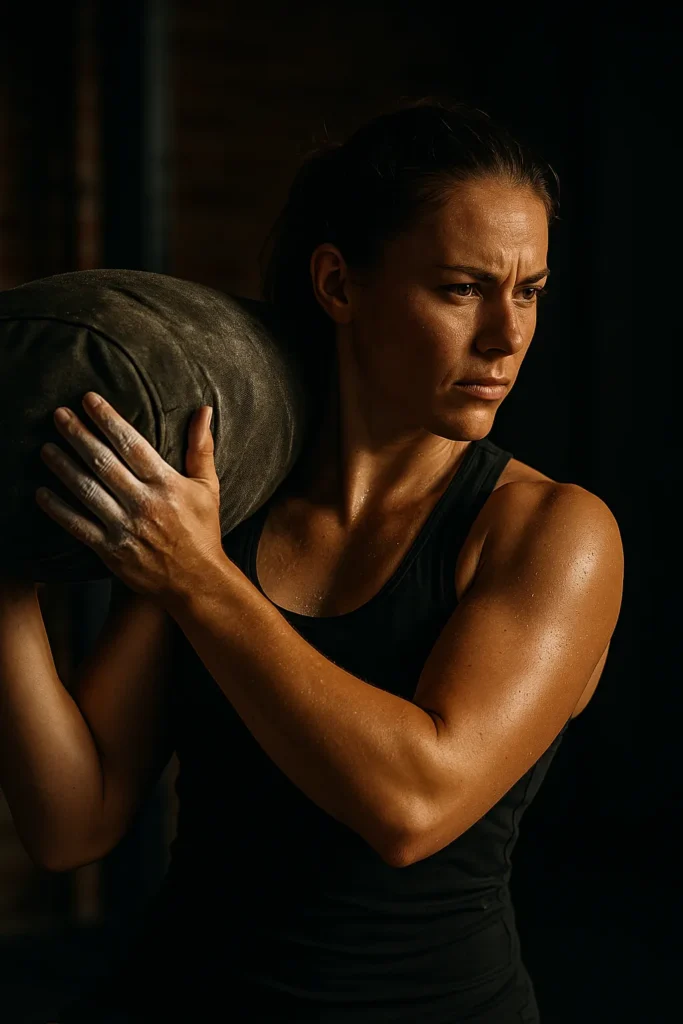 Sandbag resting on shoulder post-lift, with chalk-dusted hands and sweat visible