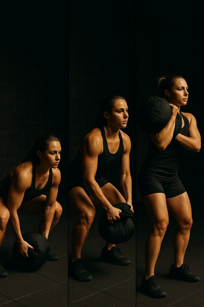 Sequence of athlete performing ground-to-shoulder movement in 3 frames - lift, midpoint, catch