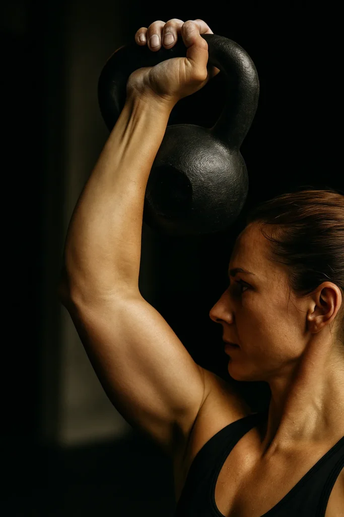 Close-up of kettlebell or dumbbell overhead with arm locked out and active shoulder