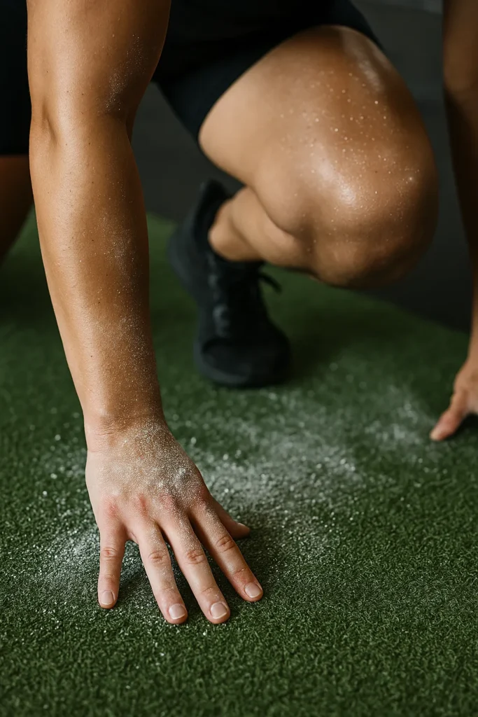 Close-up of sweat and grit on hands and knees during intense bear crawl effort