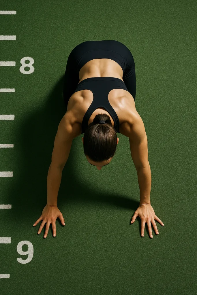 Aerial view of athlete mid-crawl on a 10m turf track with focus on movement form