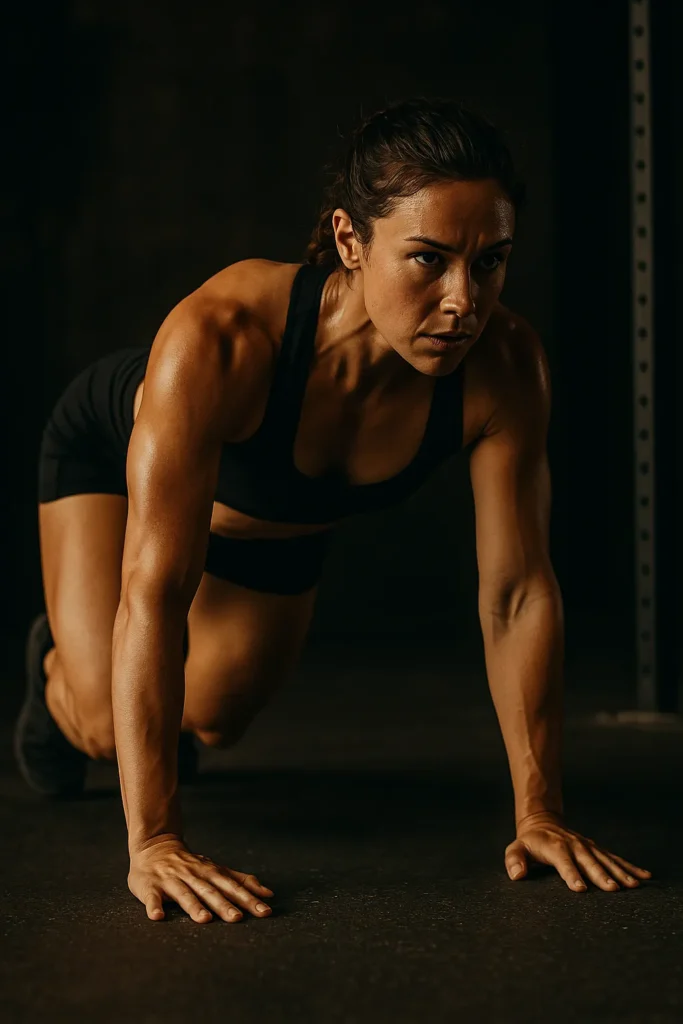 Athlete crawling forward on a gritty gym floor in bear crawl position, tension in shoulders and core, cinematic lighting with shadow definition