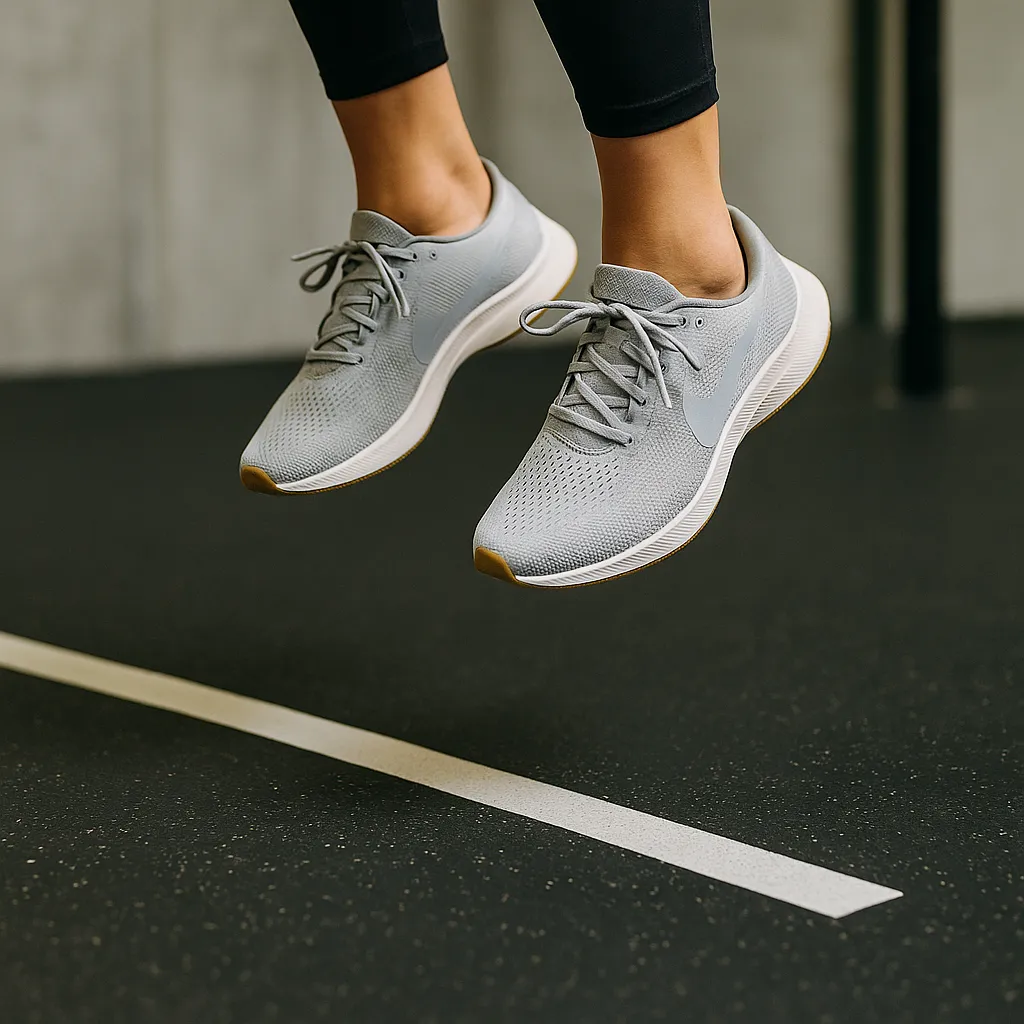 Close-up of feet in athletic shoes mid-hop over a marked gym line