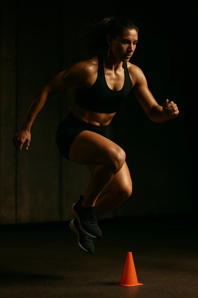 Athlete mid-air performing lateral hop over a small cone in a gym, side view with both feet lifted, strong focus and explosive energy, cinematic lighting