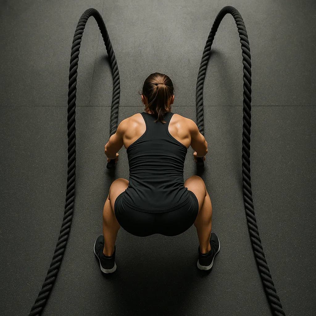 Overhead view of battle ropes undulating from high-effort slams, athlete centered in frame showing full-body engagement