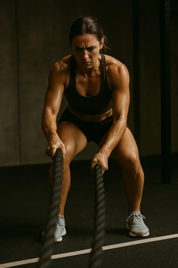 Athlete slamming battle ropes in a functional training zone, mid-action, powerful downward movement, sweat and intensity visible, cinematic lighting