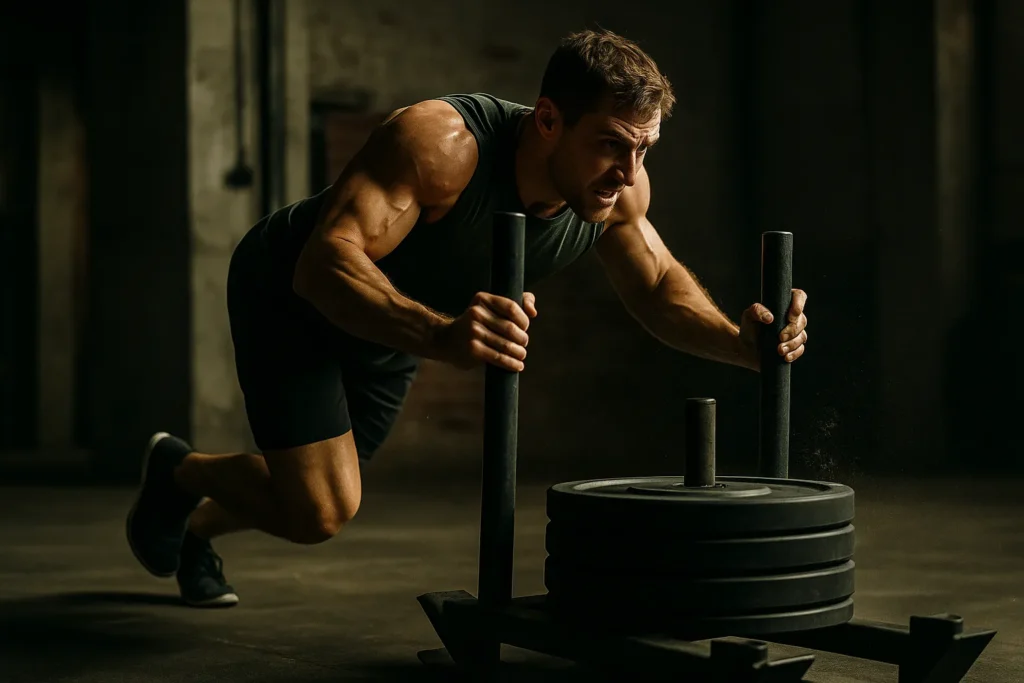 Athlete pushing a loaded sled in an industrial-style functional gym, strong forward drive posture
