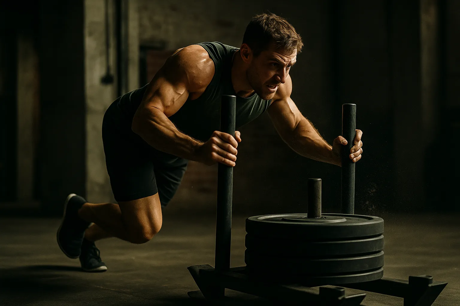 Athlete pushing a loaded sled in an industrial-style functional gym, strong forward drive posture