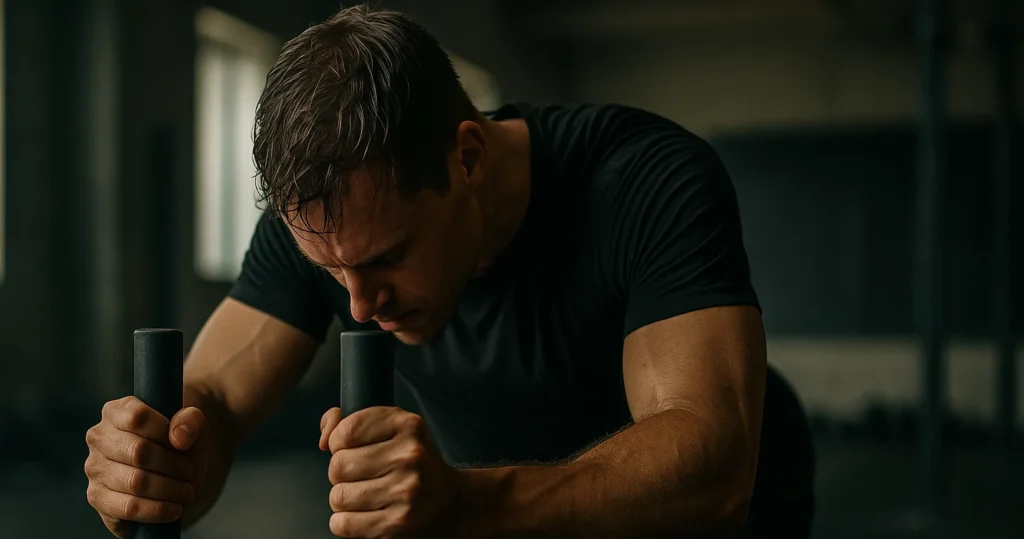 Athlete at the end of a sled push, hunched in exhaustion