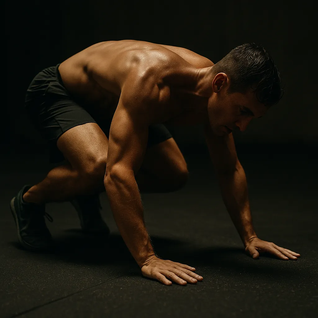 Side view of athlete landing from a burpee, low position, hands bracing for next rep, gym floor detail visible