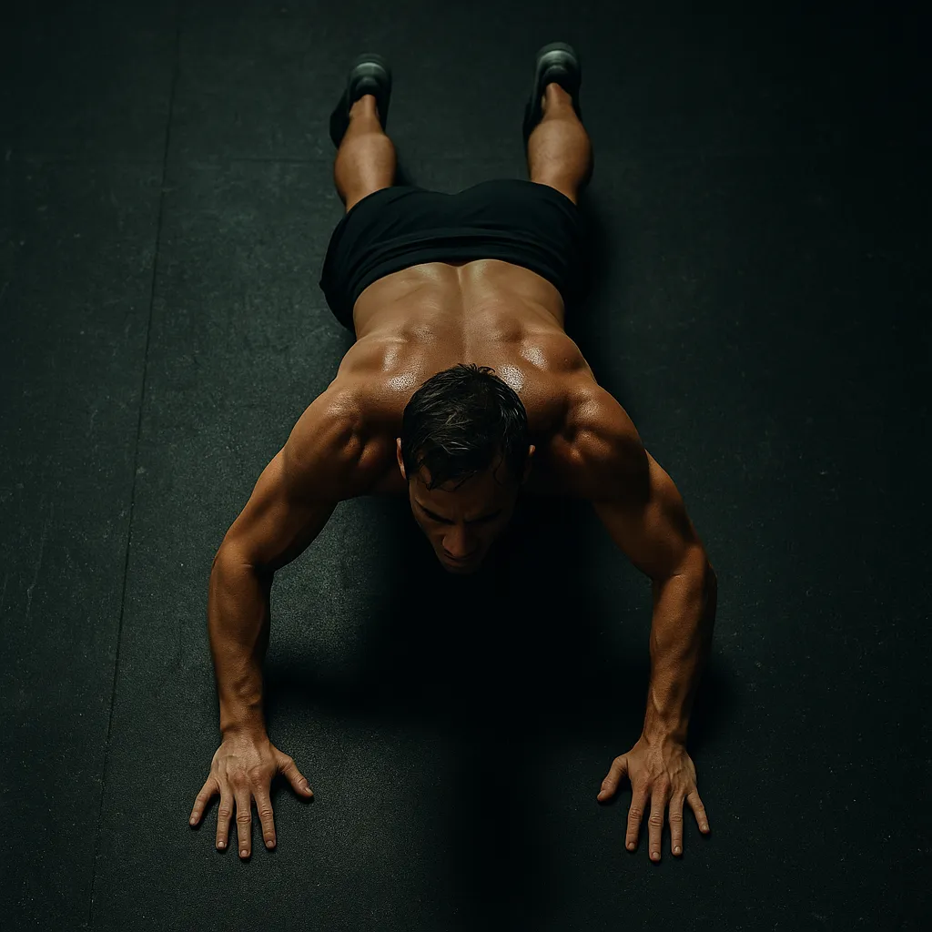 Overhead view of athlete on final reps, fatigue visible, minimal lighting, raw intensity