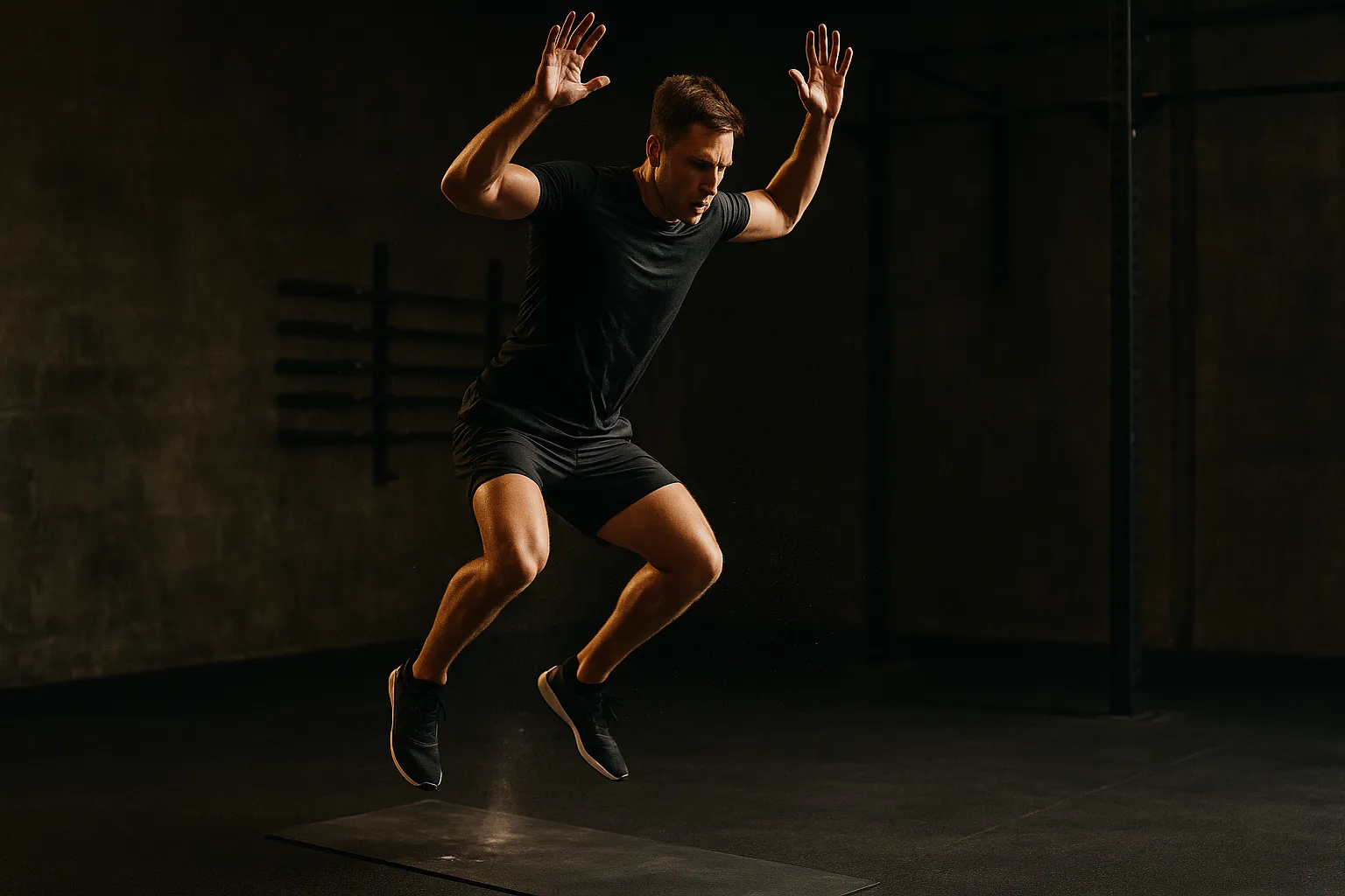 Athlete exploding upward from a burpee in a gritty gym environment, sweat flying, legs extended mid-air, dramatic