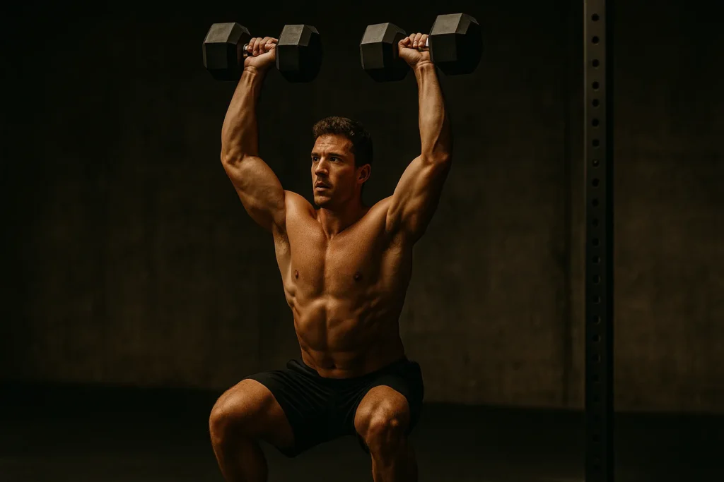 Athlete performing push press with dumbbells, overhead lockout position, full-body tension