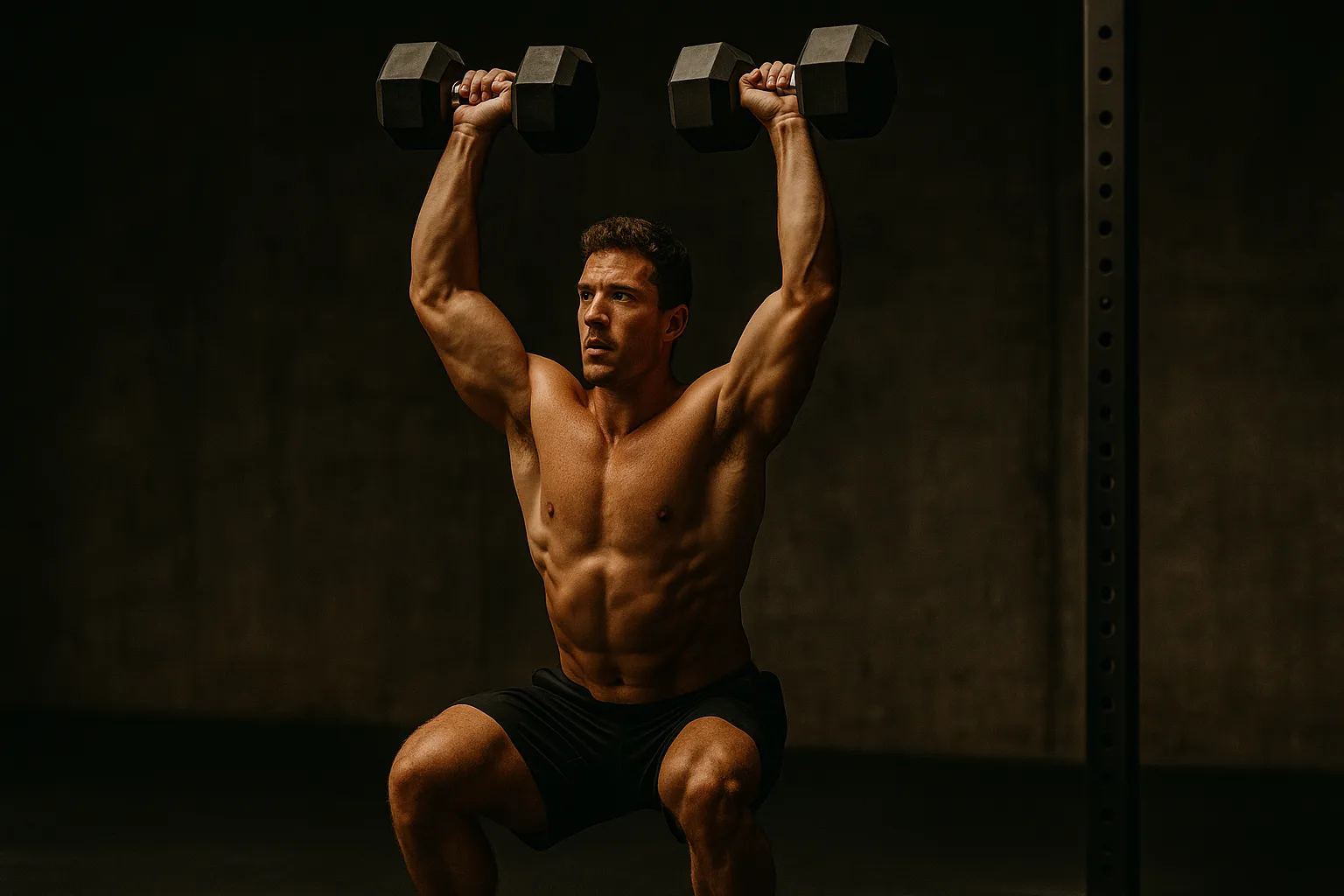 Athlete performing push press with dumbbells, overhead lockout position, full-body tension