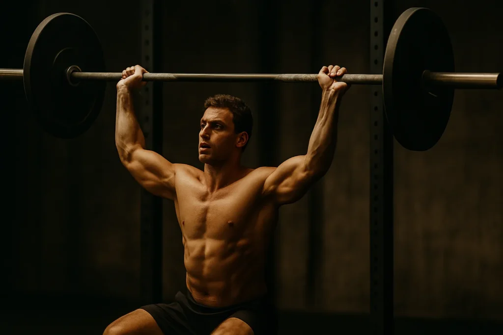Athlete mid-push press using a barbell in a functional gym, bar just above forehead