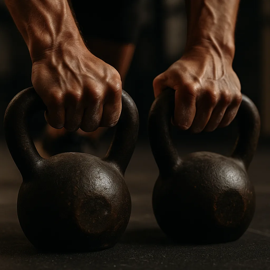 Close-up of hands gripping heavy kettlebell handles, veins visible, chalk-dusted fingers