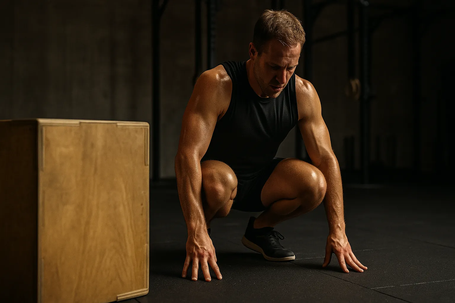 Athlete resetting on floor between reps, box in foreground, sweat visible