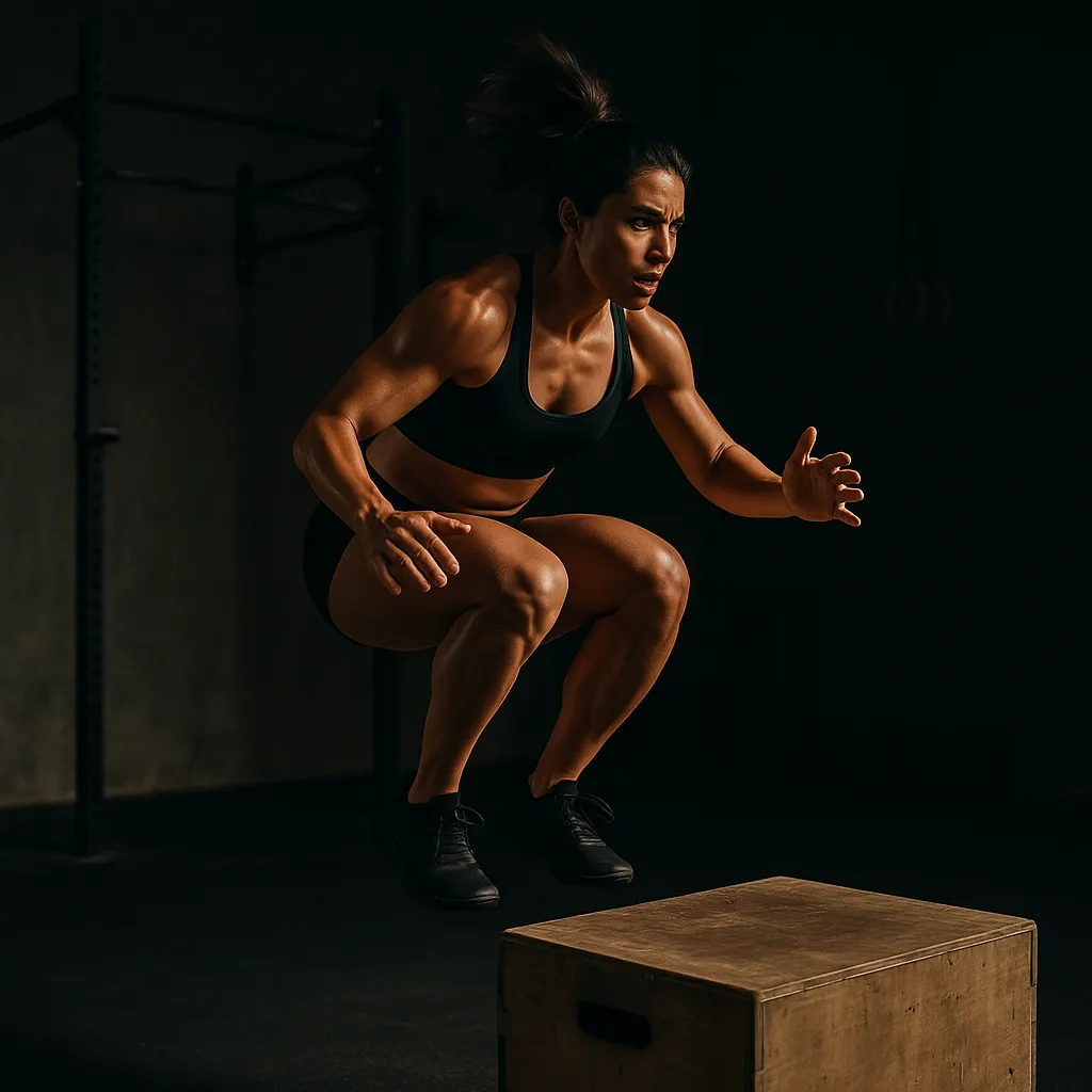 Athlete mid-air during a box jump in a functional training gym, knees tucked, arms driving upward