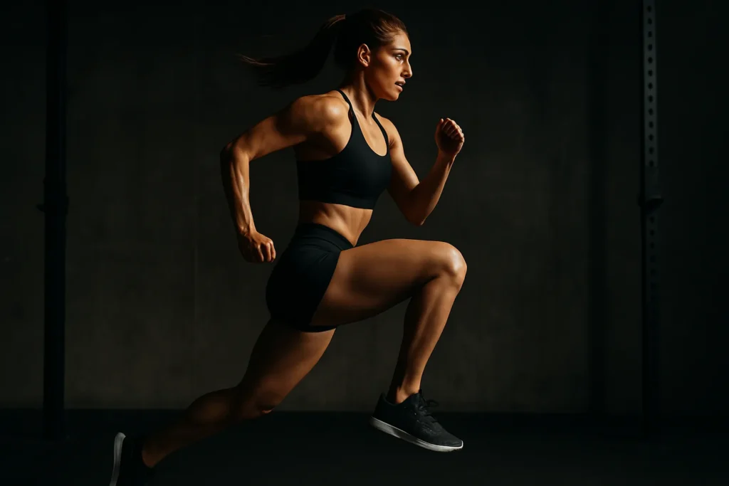 Side profile of athlete mid-jump, both feet off the ground, strong lighting on quads and glutes