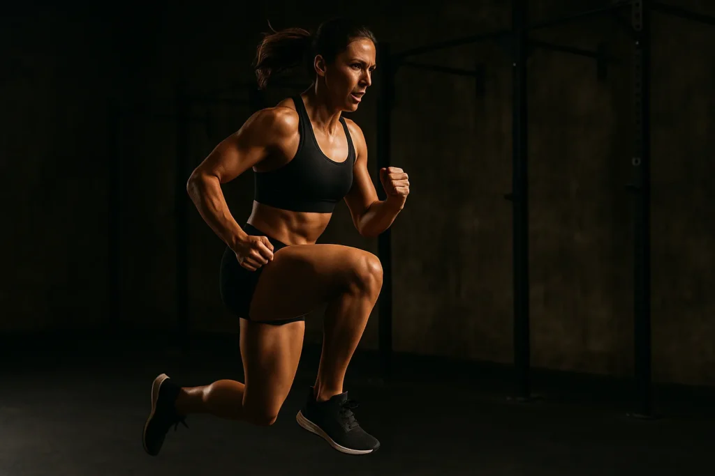 Athlete mid-air in a jumping lunge, rear knee elevated, front quad engaged