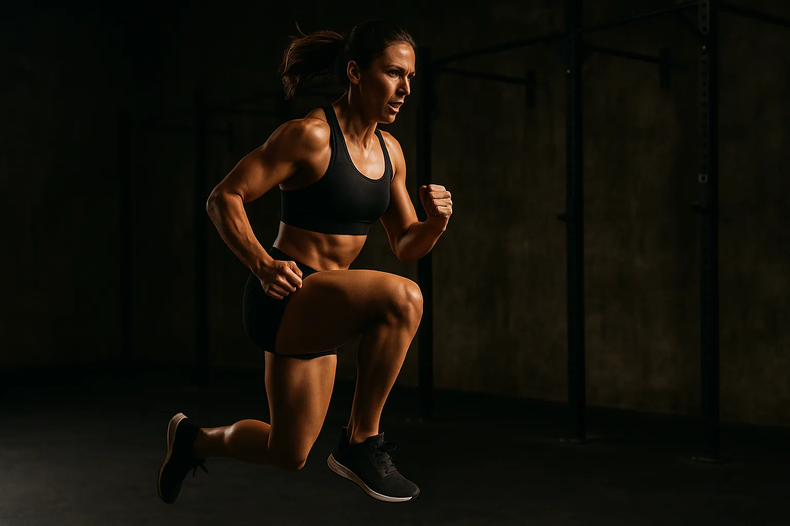 Athlete mid-air in a jumping lunge, rear knee elevated, front quad engaged