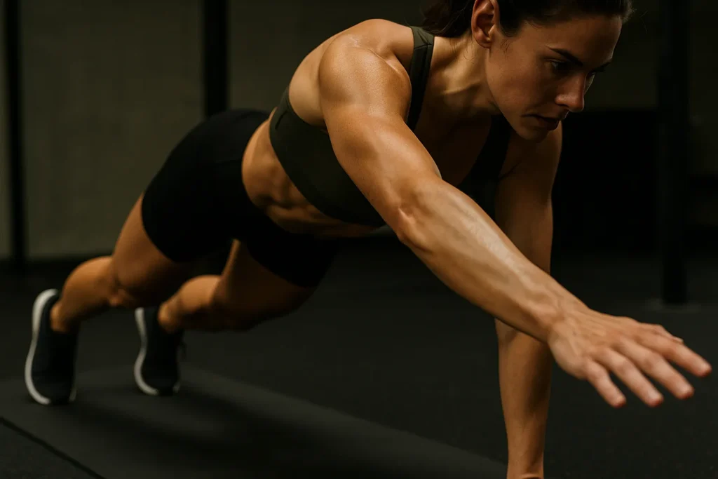 Close-up of athlete’s core and shoulder during forward reach, balance evident, gym floor visible