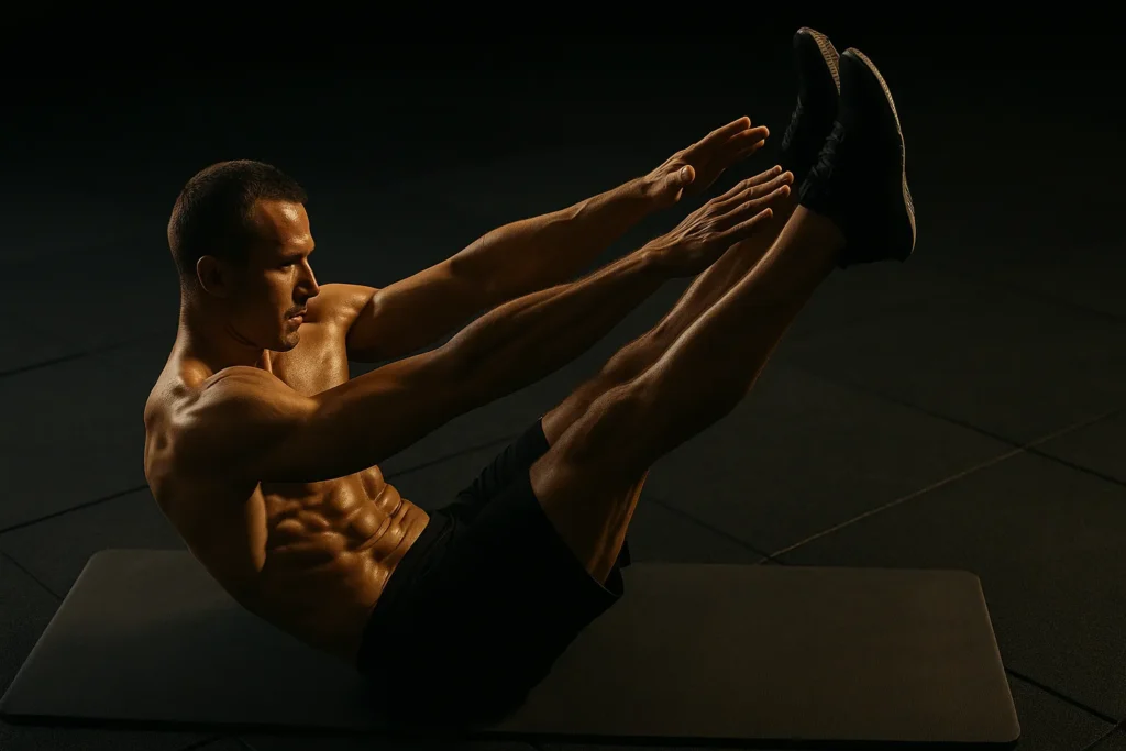 Athlete performing a V-up mid-rep, hands reaching for toes, abs sharply defined