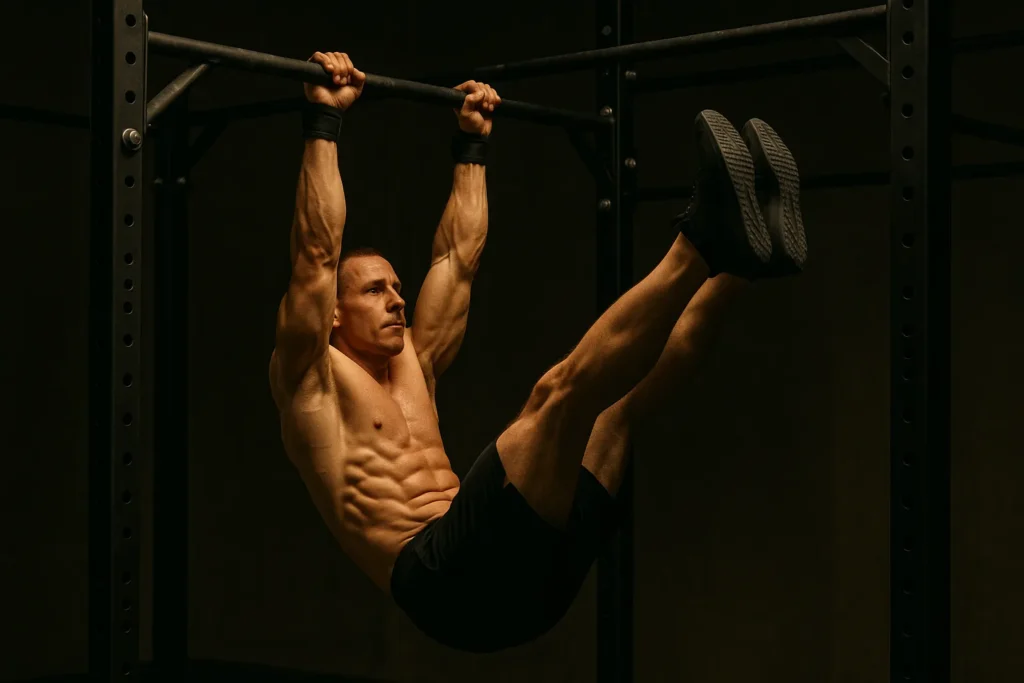 Athlete mid-swing during toes-to-bar rep, legs rising toward the bar, grip tight, core fully engaged