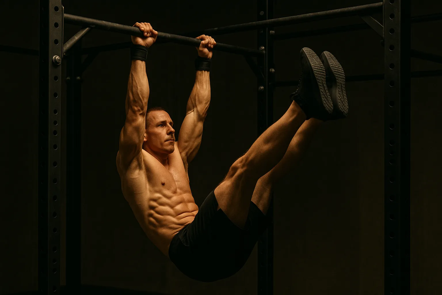 Athlete mid-swing during toes-to-bar rep, legs rising toward the bar, grip tight, core fully engaged
