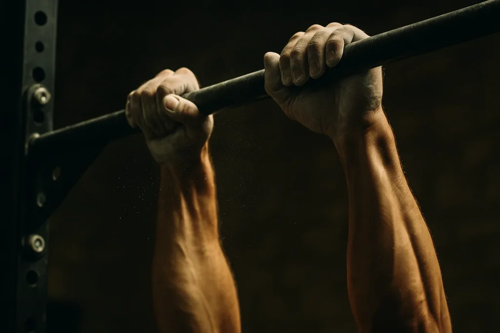 Close-up of hands gripping pull-up bar, chalk visible, swing tension captured