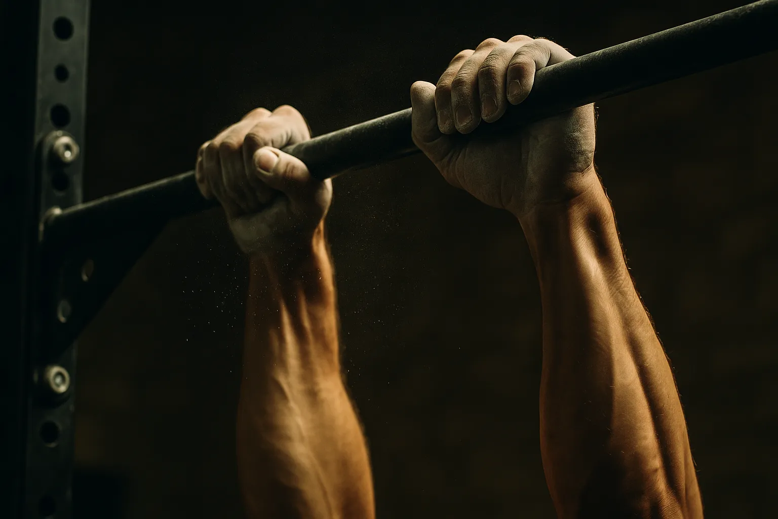 Close-up of hands gripping pull-up bar, chalk visible, swing tension captured