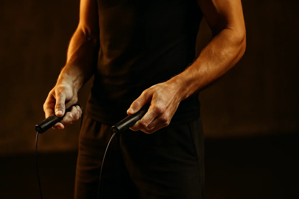 Close-up of jump rope handles in chalk-dusted hands, arms angled beside hips