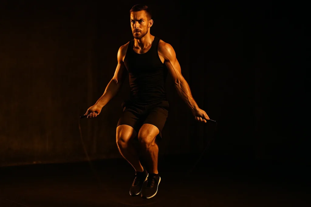 Athlete mid-air during a double-under, skipping rope blurred in motion under feet