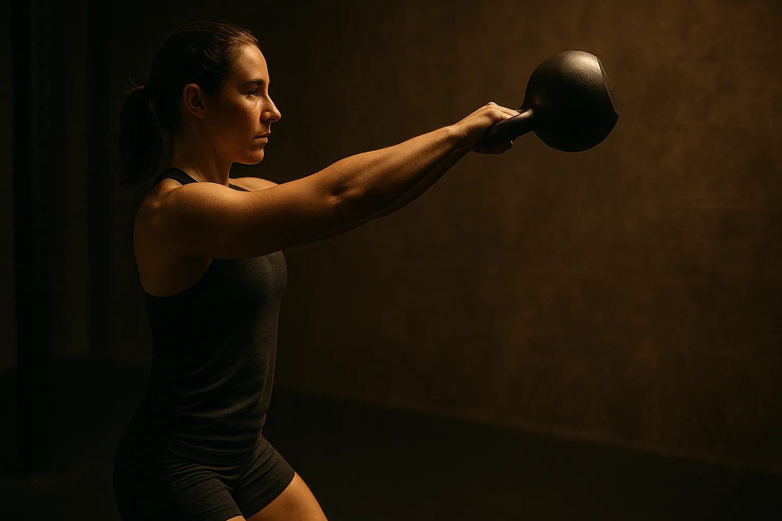 Athlete performing kettlebell swing, side profile, kettlebell at shoulder height, cinematic gym lighting