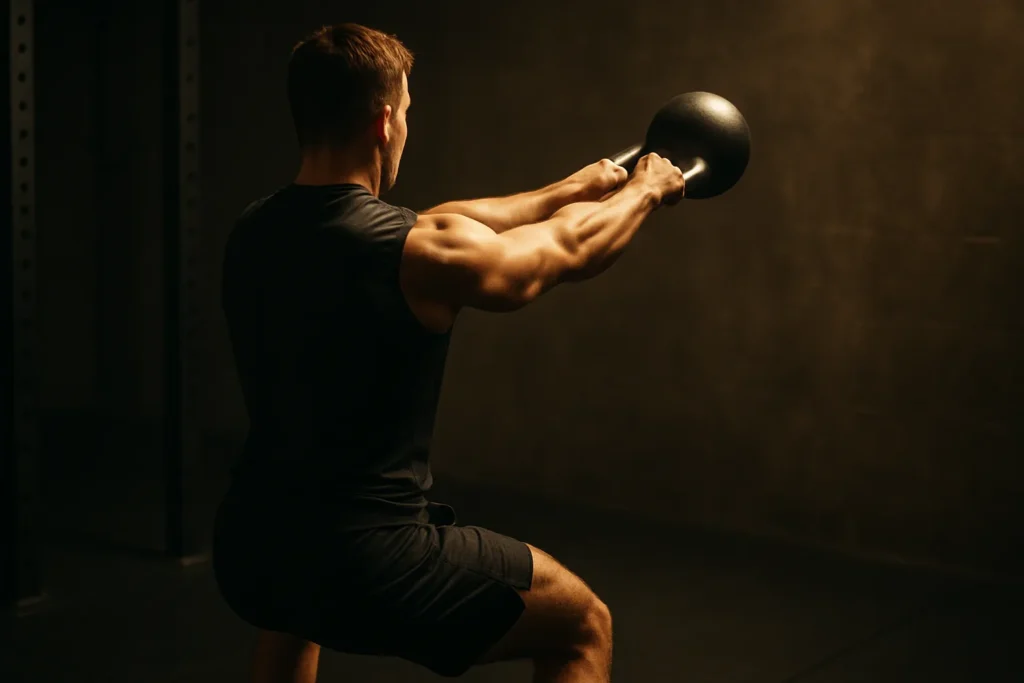 Rear angle of athlete performing kettlebell swing, showing correct hinge form and full hip extension