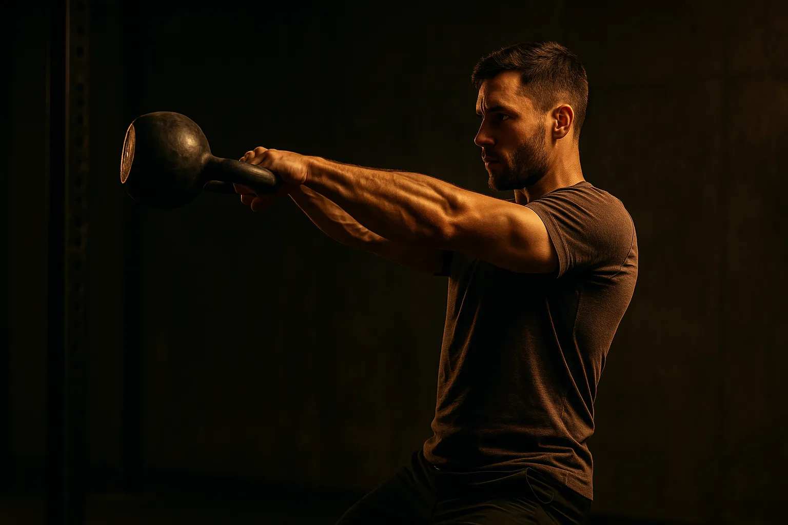 Athlete mid-swing in a kettlebell swing, kettlebell at shoulder height