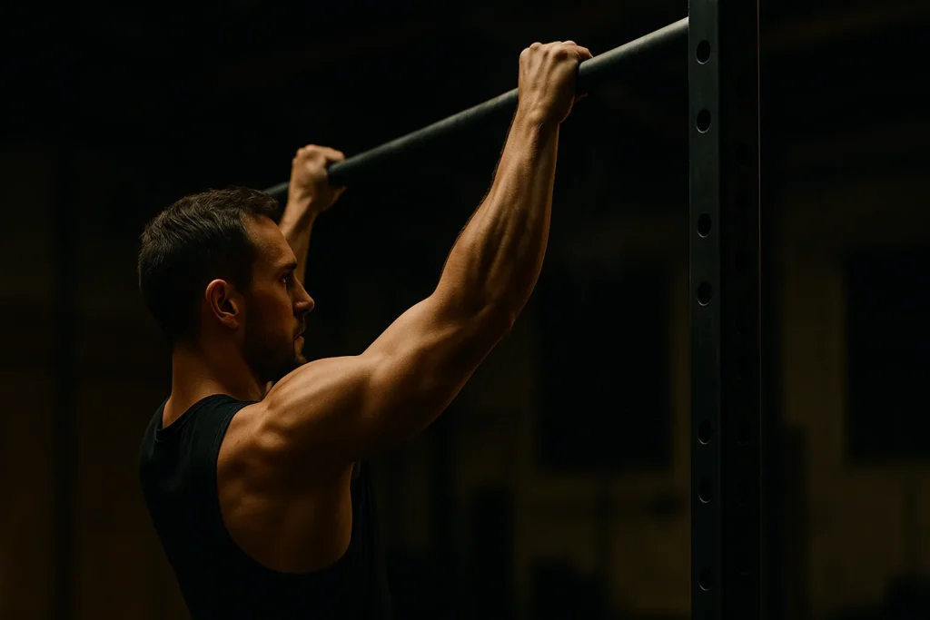 Athlete training on pull-up rig, side profile, arms extended, shoulders engaged under cinematic lighting