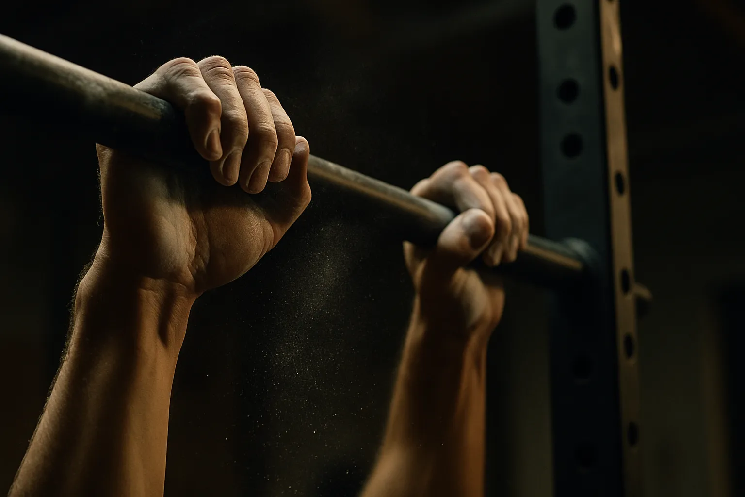 Close-up of athlete’s hands holding a pull-up bar, chalk dust visible in the air, cinematic gym lighting