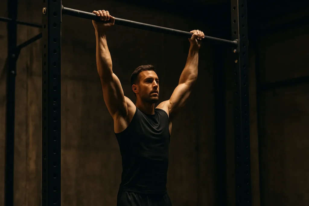 Athlete training on pull-up bar in gym setting, showing full extension and active shoulders under cinematic lighting