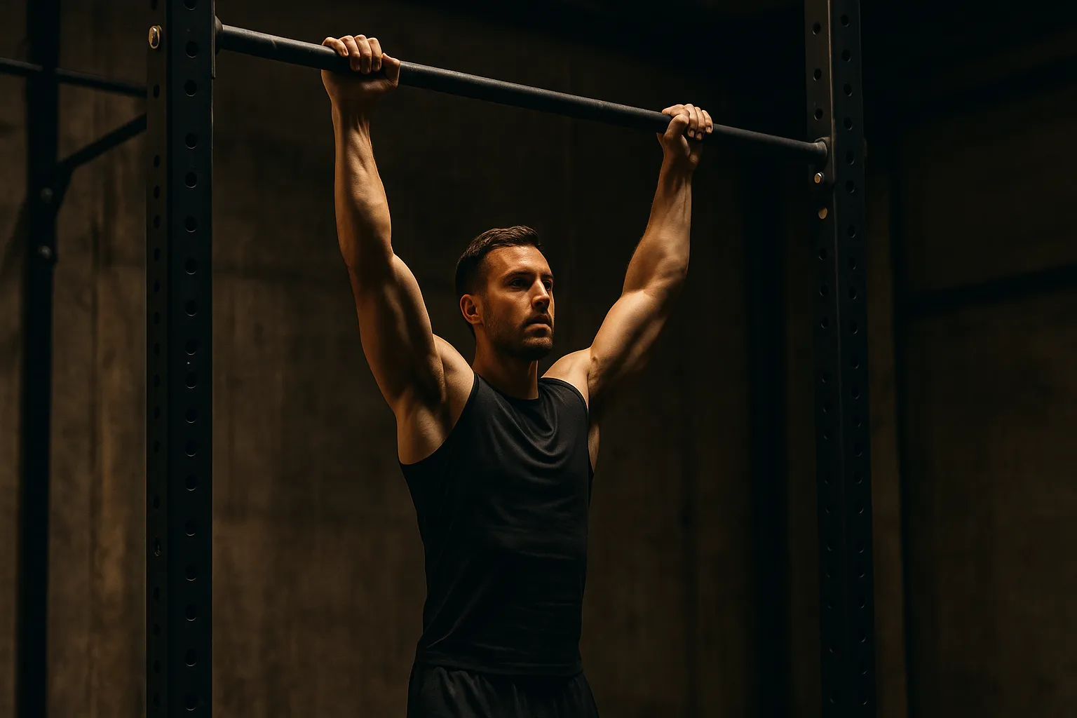 Athlete training on pull-up bar in gym setting, showing full extension and active shoulders under cinematic lighting