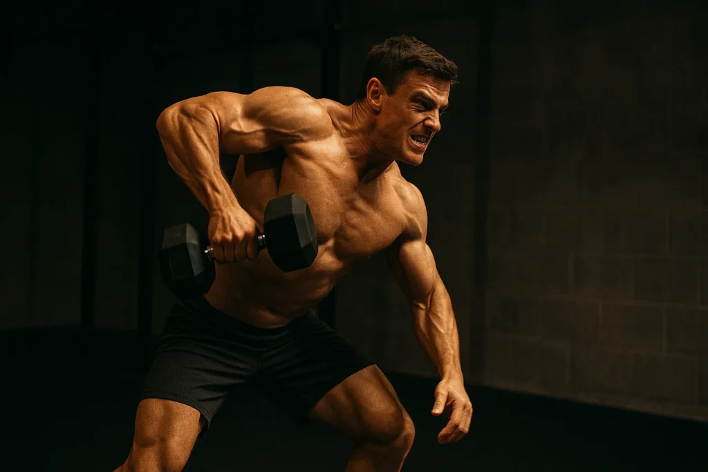 Athlete mid-hip drive pulling dumbbell upward with speed and precision