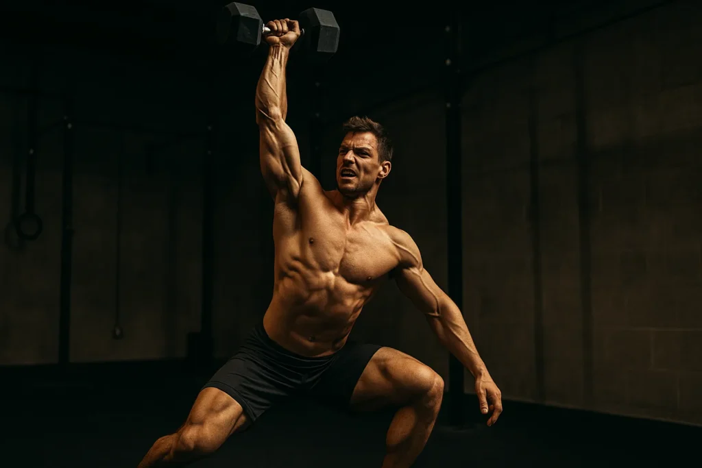 Athlete performing single-arm dumbbell snatch mid-rep, dumbbell overhead, full-body tension visible, hips extended powerfully