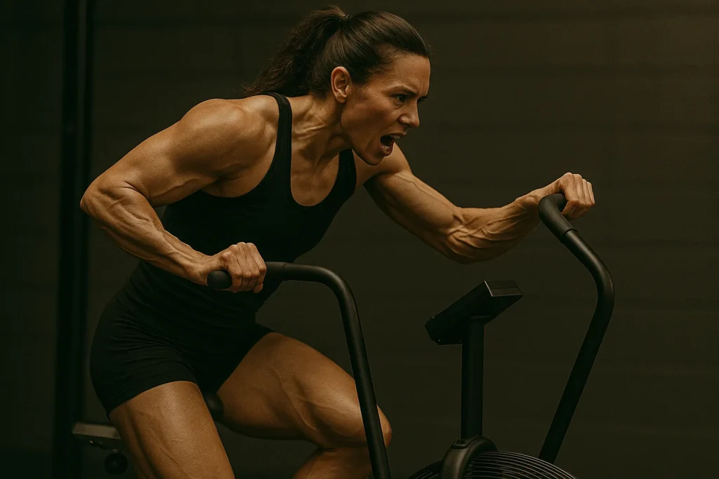 Side view of athlete mid-effort on a air bike, breathing hard, veins visible on forearms and quads