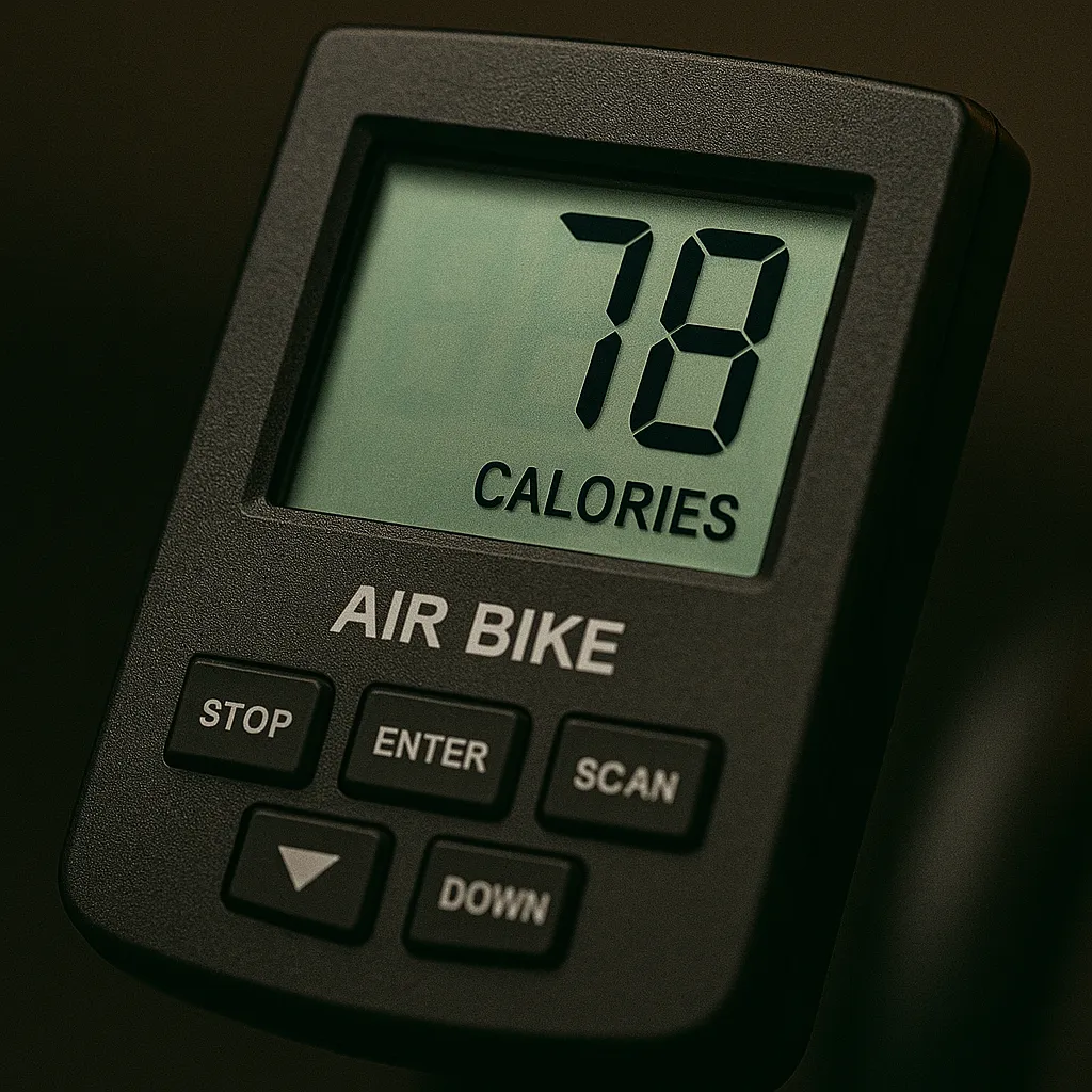 Close-up of air bike monitor showing 78 calories